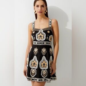 NWT Karen Millen Petite Linen Corded Embroidered Strappy Dress Black Size 12